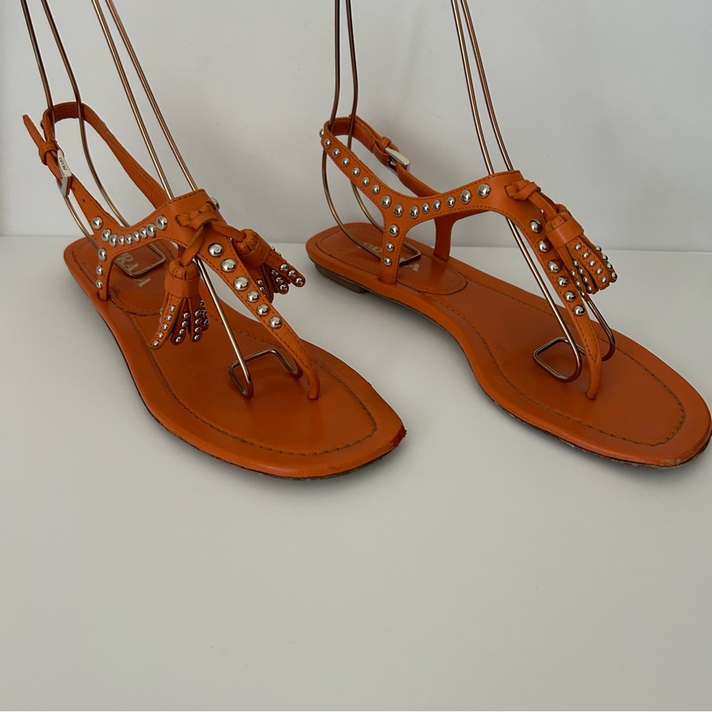 Prada Orange Leather Flat Studded Tassel Accents T Strap Thong Sandal 37
